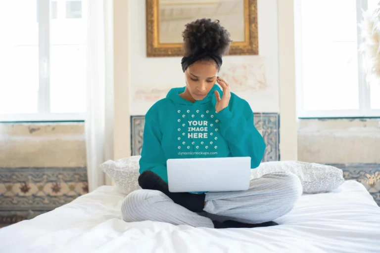 Man Wearing Teal Hoodie Mockup Front View Template