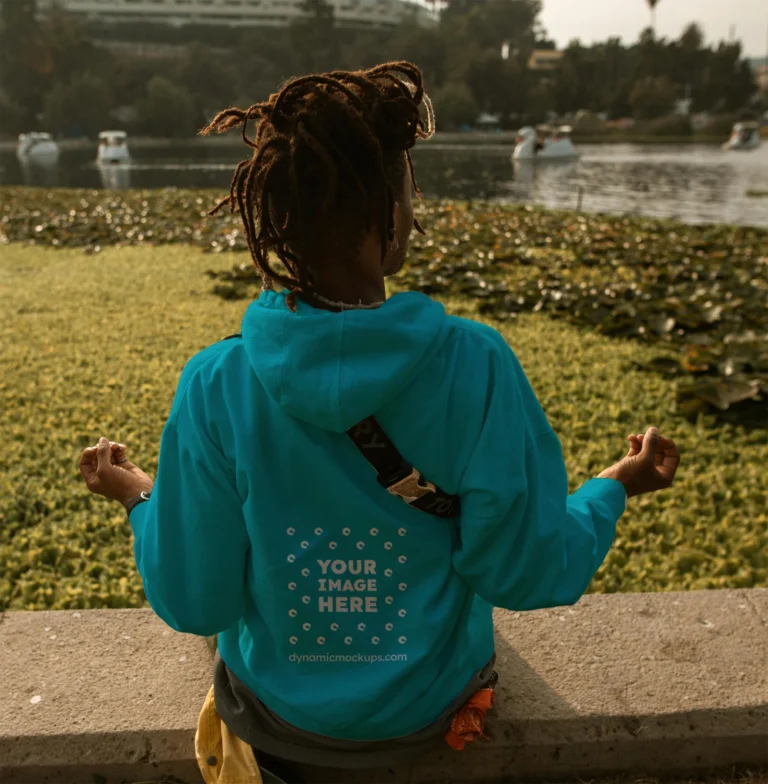 Man Wearing Teal Hoodie Mockup Back View Template