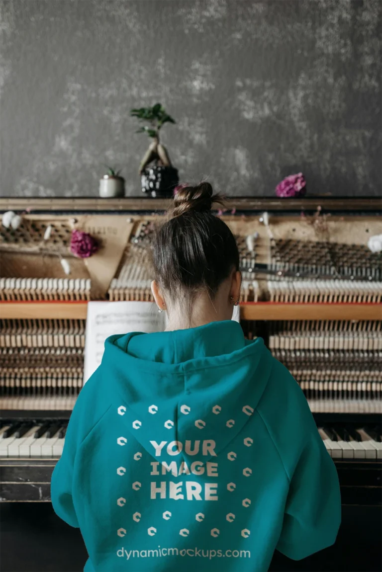 Man Wearing Teal Hoodie Mockup Back View Template
