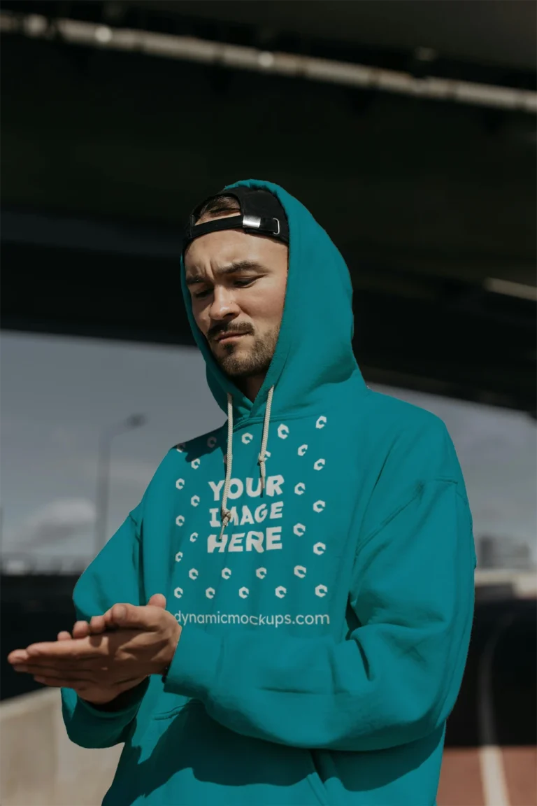Man Wearing Teal Hoodie Mockup Front View Template