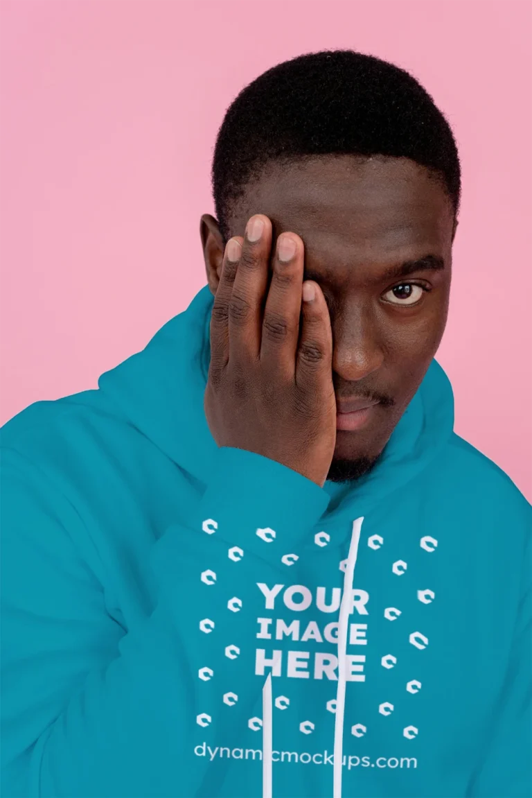 Man Wearing Teal Hoodie Mockup Front View Template