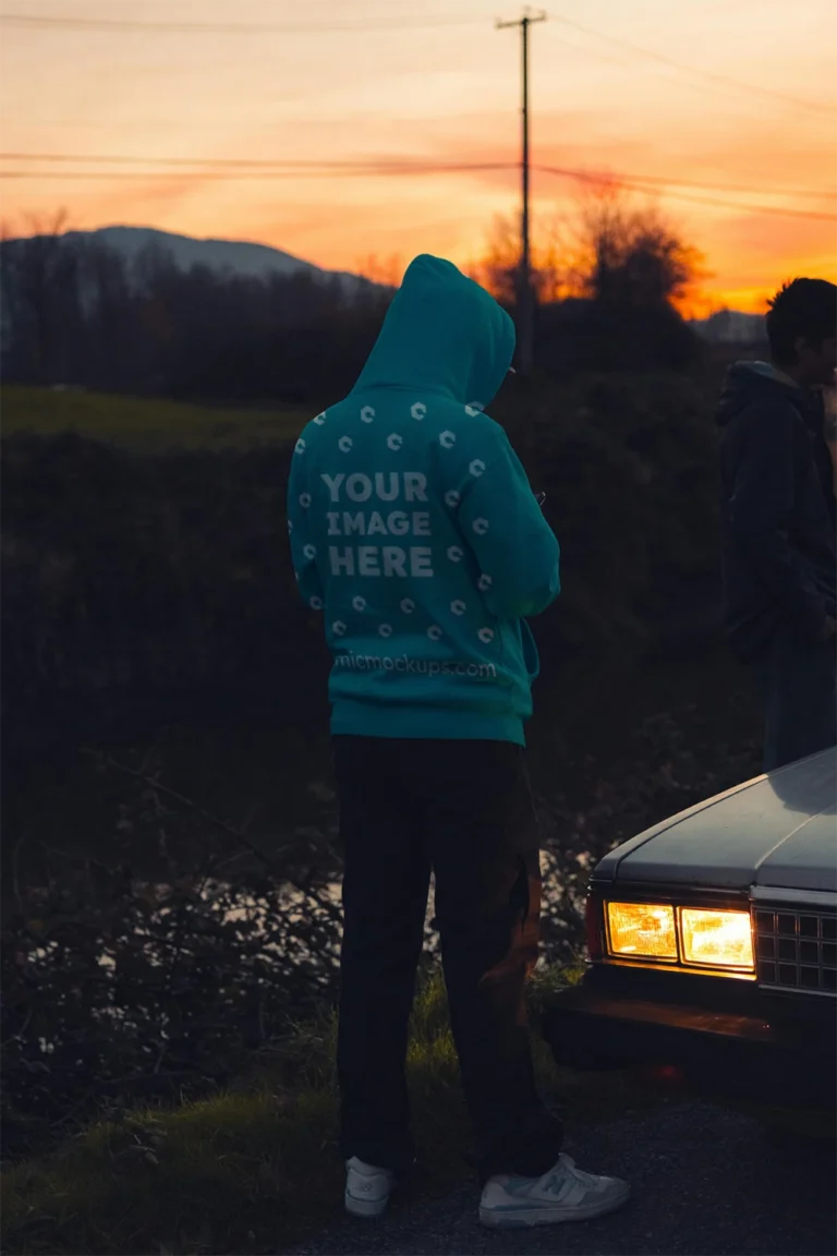 Man Wearing Teal Hoodie Mockup Back View Template