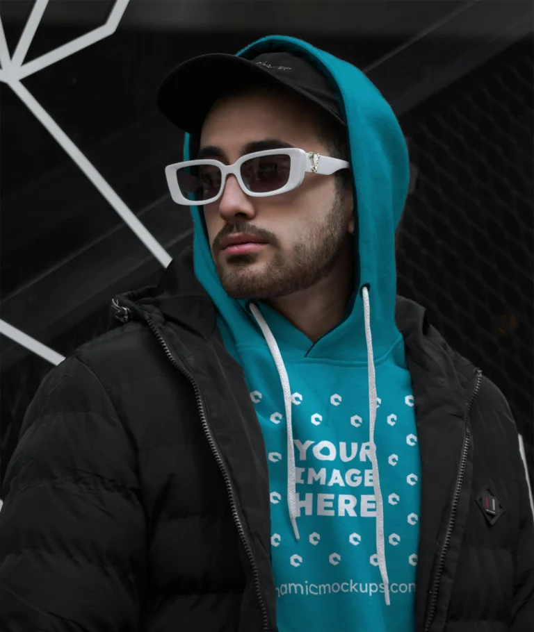 Man Wearing Teal Hoodie Mockup Front View Template