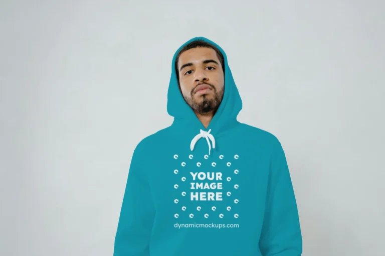 Man Wearing Teal Hoodie Mockup Front View Template