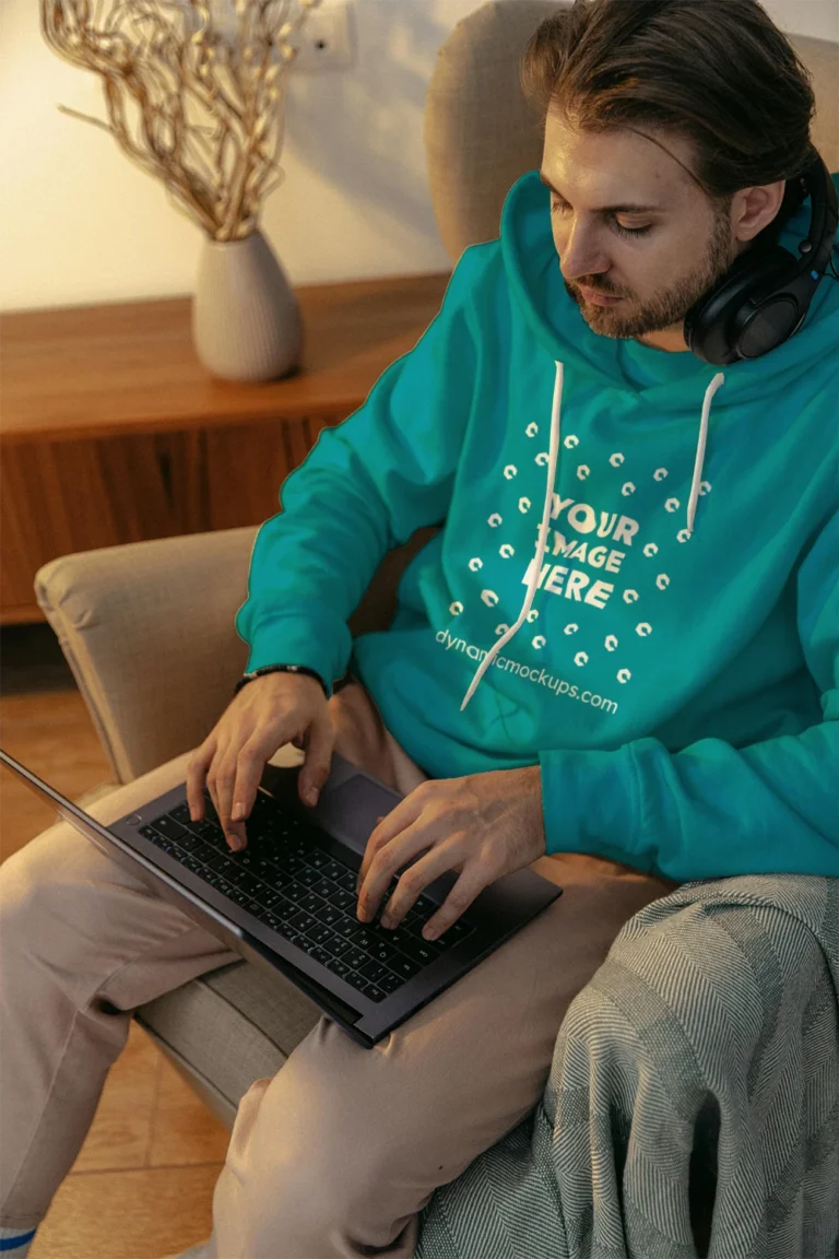 Man Wearing Teal Hoodie Mockup Front View Template