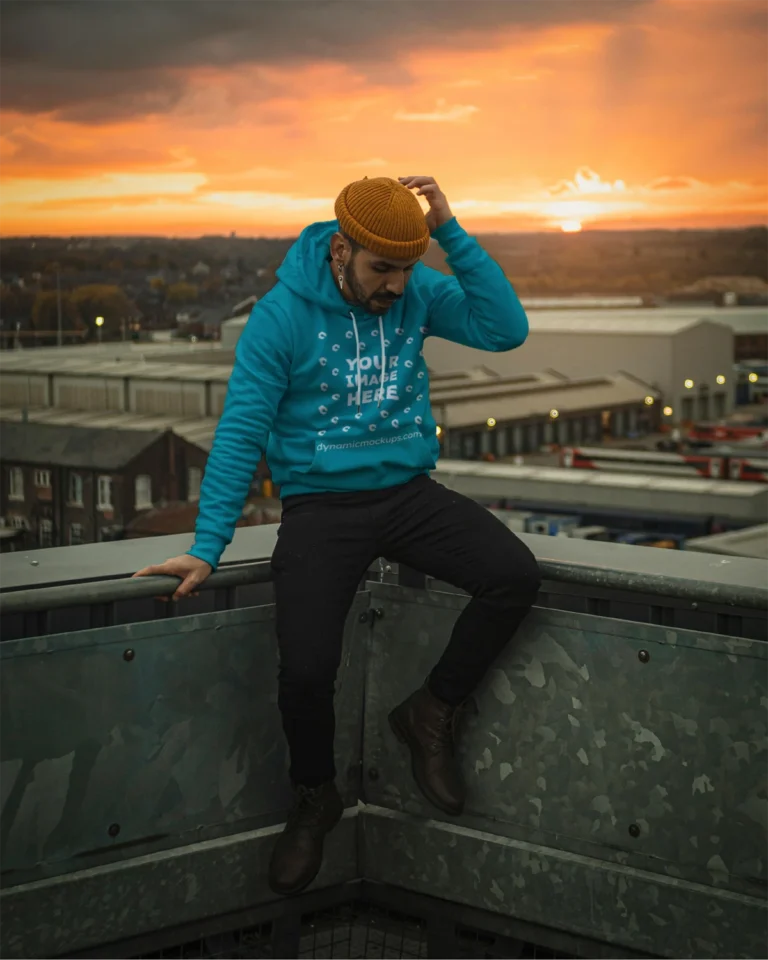 Man Wearing Teal Hoodie Mockup Front View Template