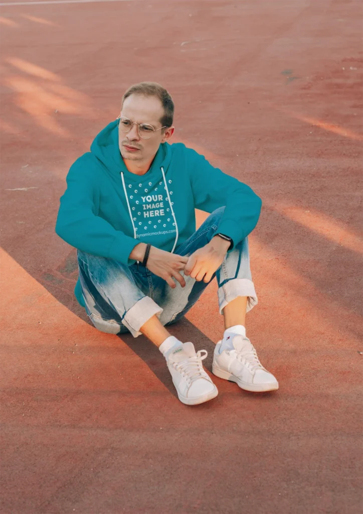 Man Wearing Teal Hoodie Mockup Front View Template