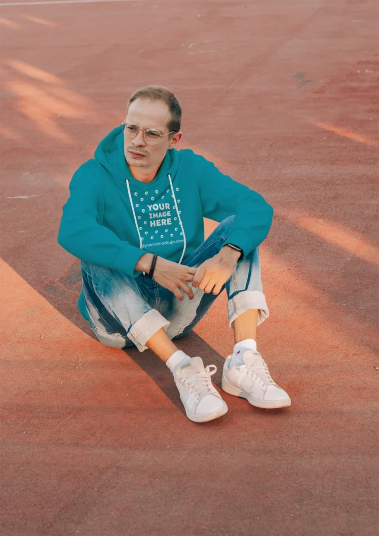 Man Wearing Teal Hoodie Mockup Front View Template