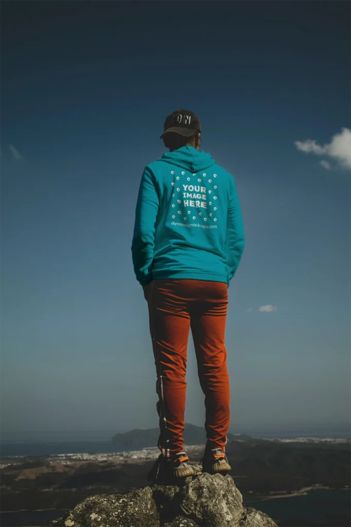 Man Wearing Teal Hoodie Mockup Back View Template