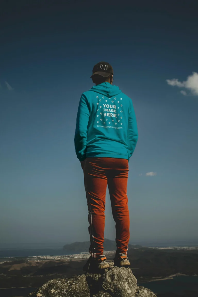 Man Wearing Teal Hoodie Mockup Back View Template