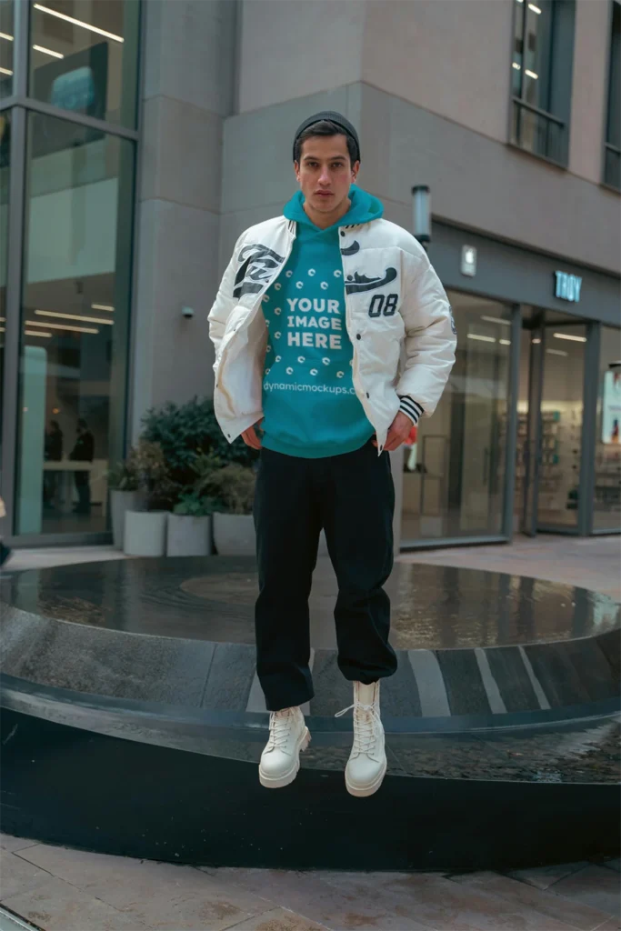 Man Wearing Teal Hoodie Mockup Front View Template