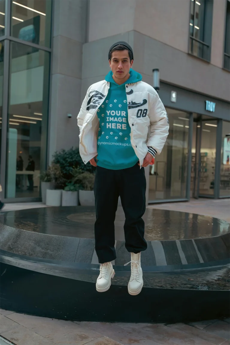Man Wearing Teal Hoodie Mockup Front View Template