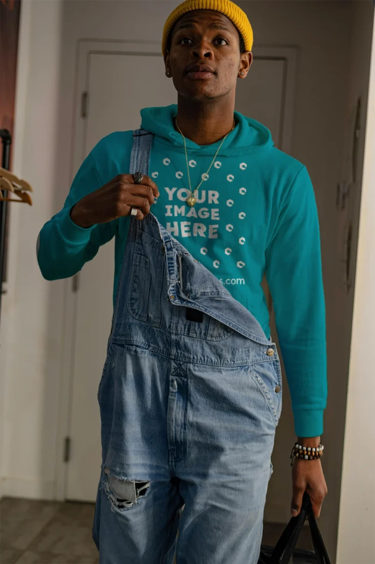 Man Wearing Teal Hoodie Mockup Front View Template