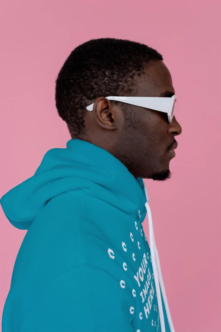 Man Wearing Teal Hoodie Mockup Side View Template