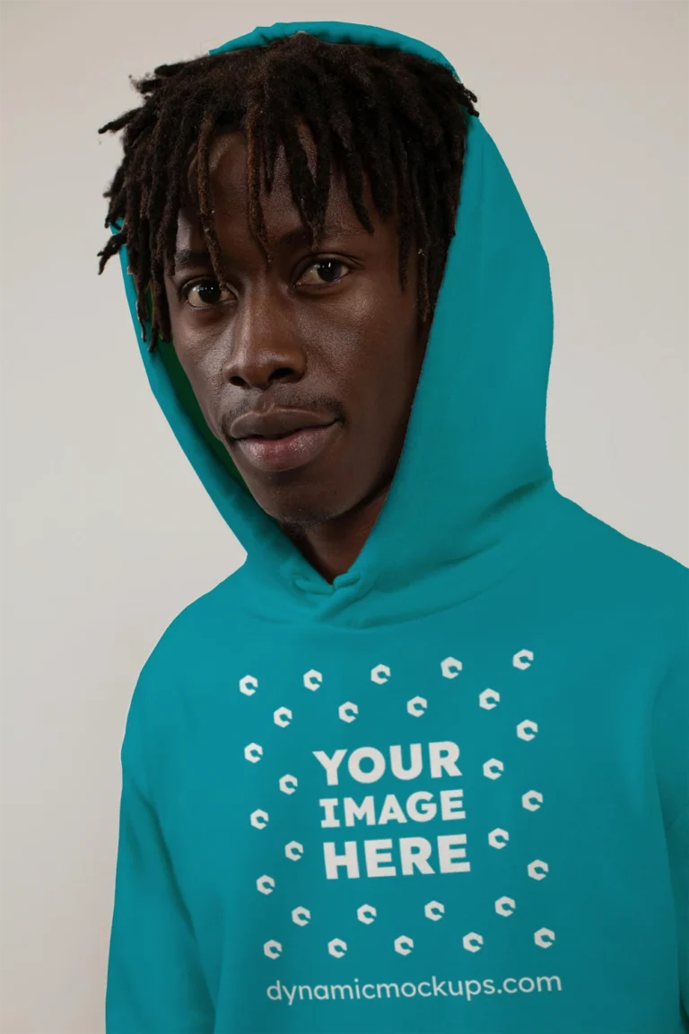 Man Wearing Teal Hoodie Mockup Front View Template