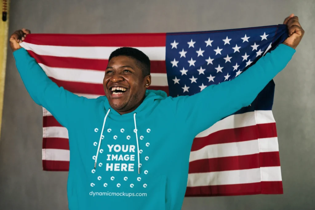 Man Wearing Teal Hoodie Mockup Front View Template
