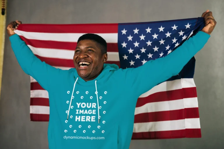 Man Wearing Teal Hoodie Mockup Front View Template