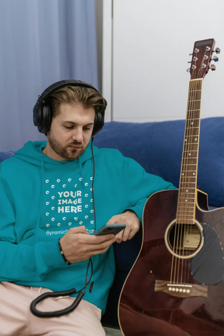 Man Wearing Teal Hoodie Mockup Front View Template