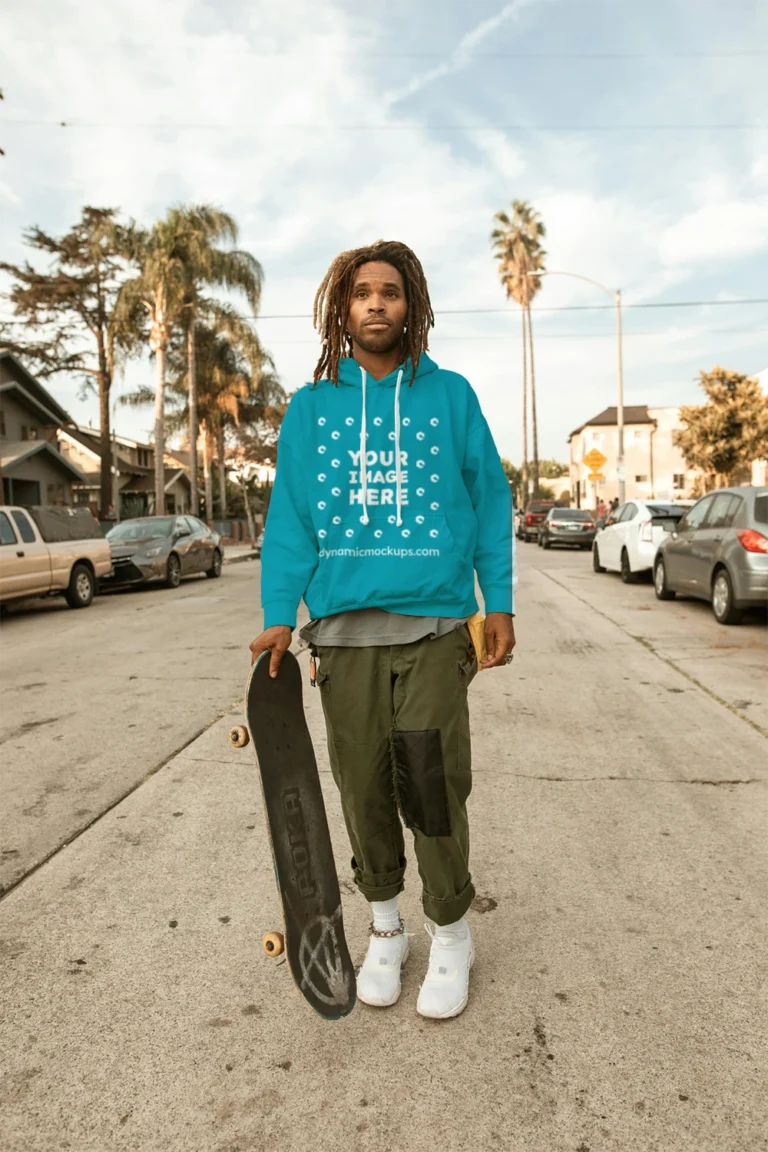 Man Wearing Teal Hoodie Mockup Front View Template