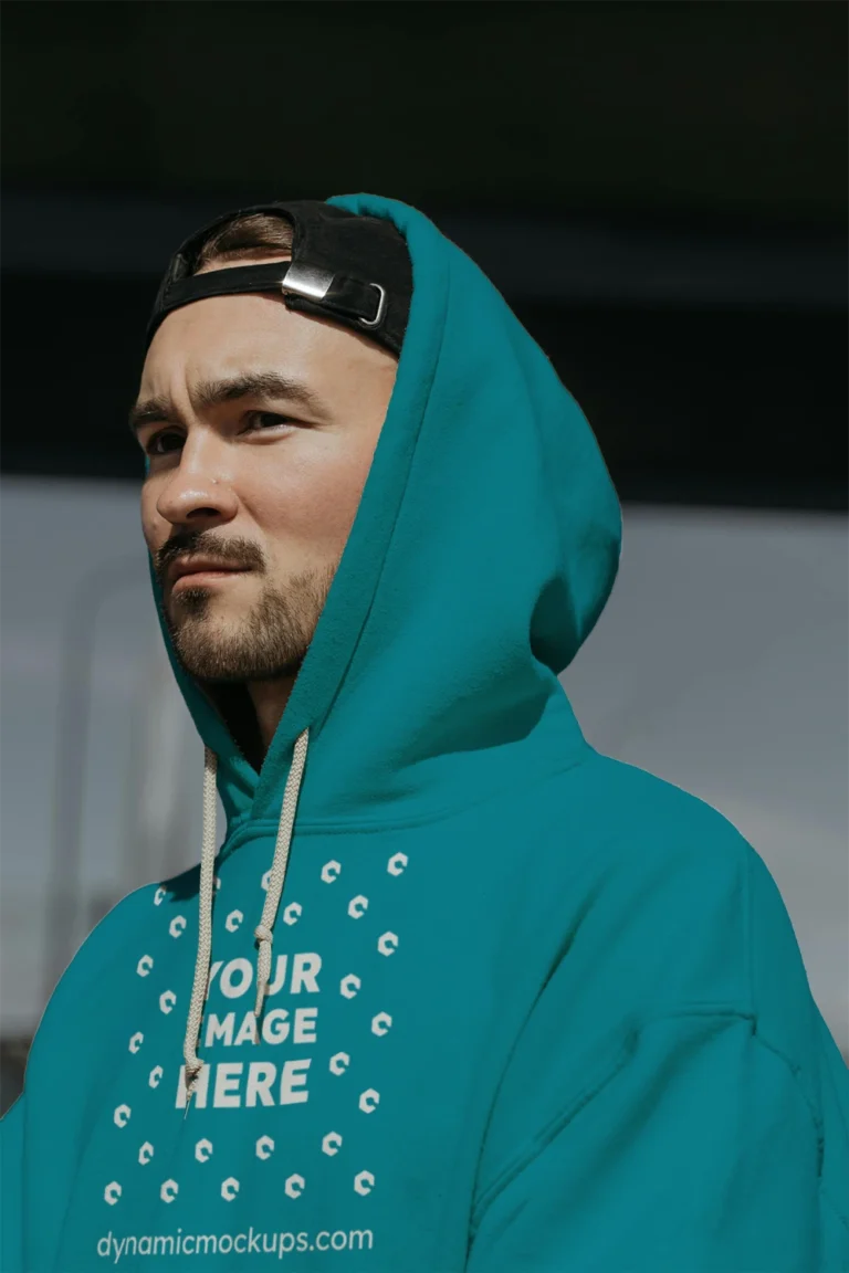 Man Wearing Teal Hoodie Mockup Front View Template