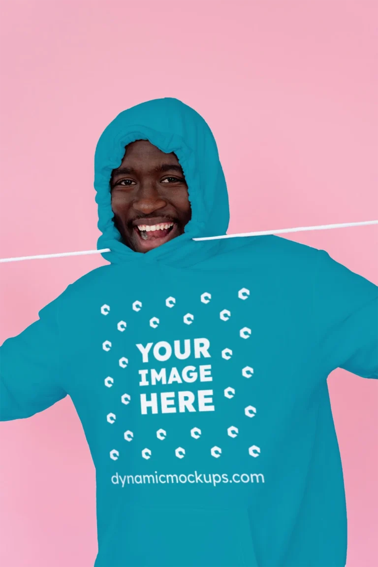 Man Wearing Teal Hoodie Mockup Front View Template