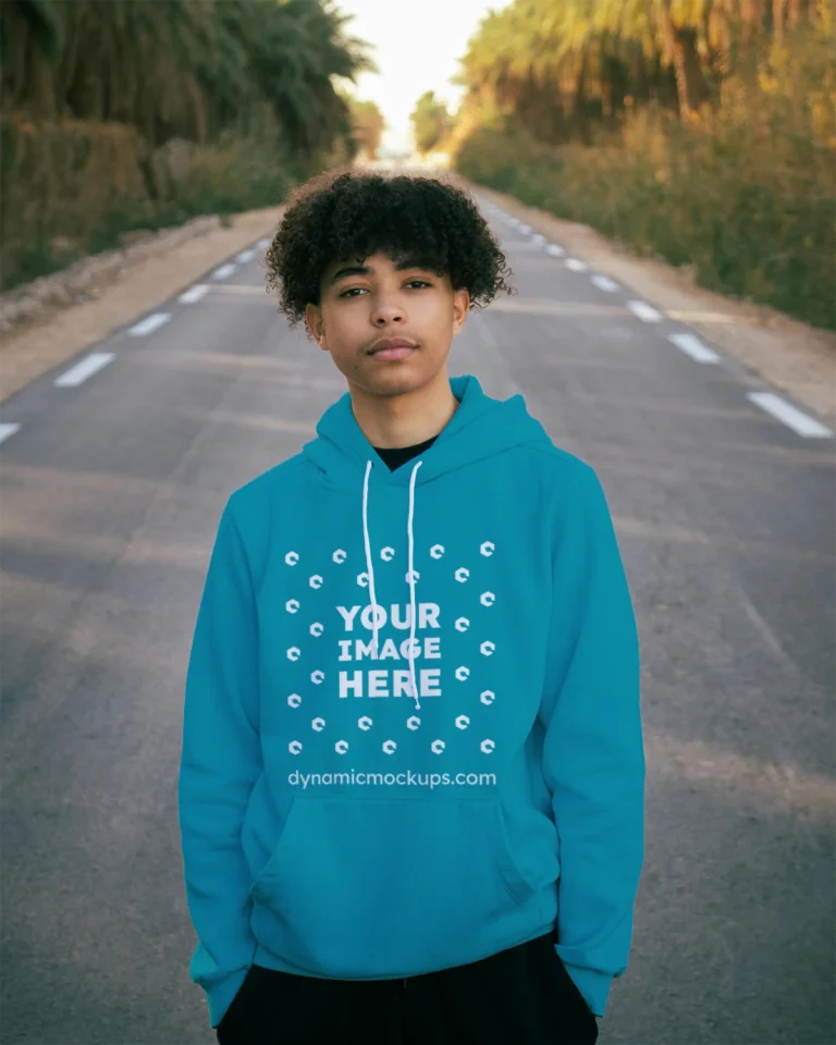 Man Wearing Teal Hoodie Mockup Front View Template