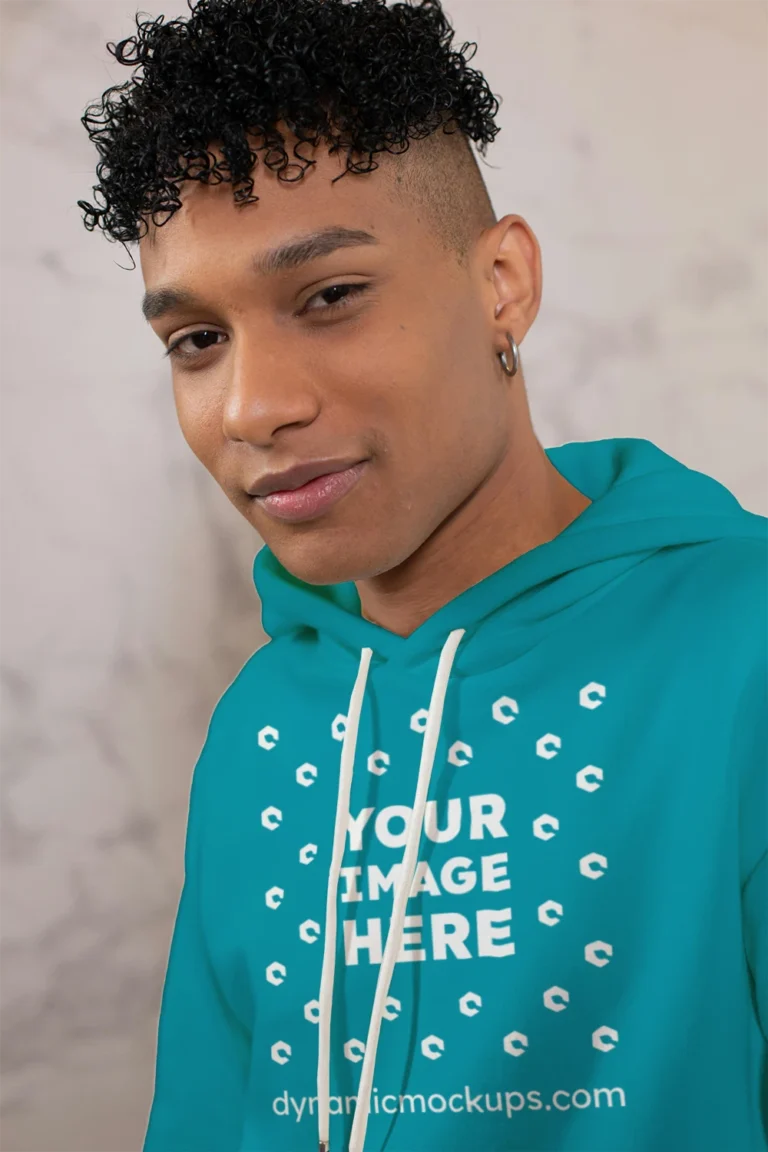 Man Wearing Teal Hoodie Mockup Front View Template