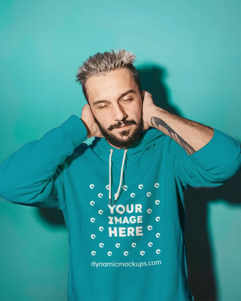 Man Wearing Teal Hoodie Mockup Front View Template