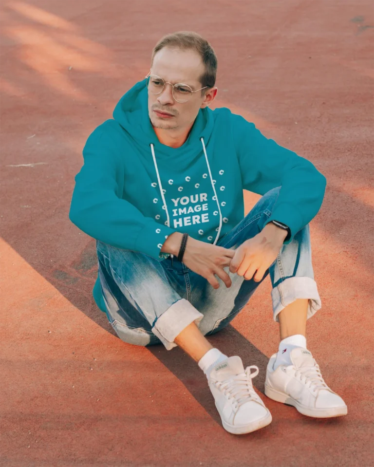 Man Wearing Teal Hoodie Mockup Front View Template