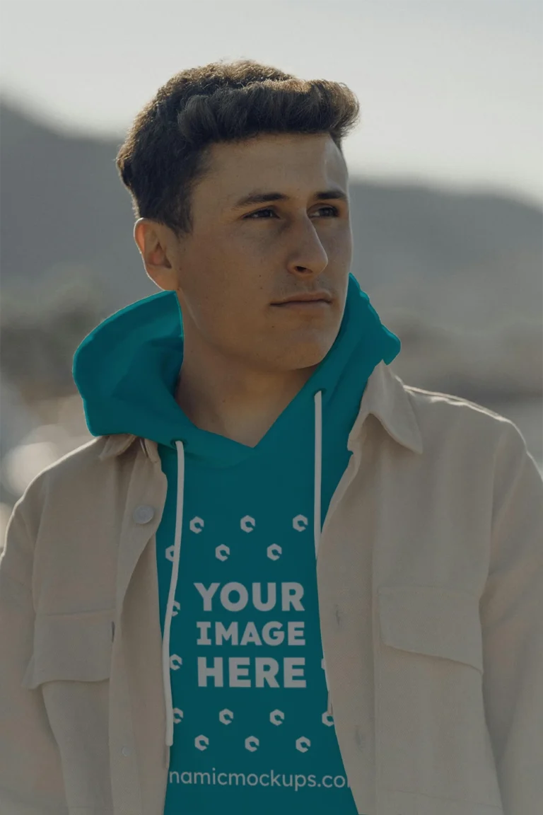 Man Wearing Teal Hoodie Mockup Front View Template