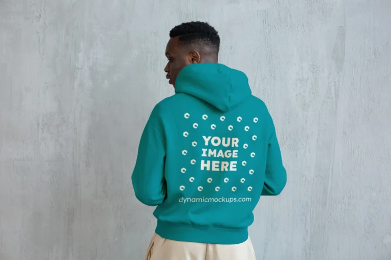 Man Wearing Teal Hoodie Mockup Back View Template