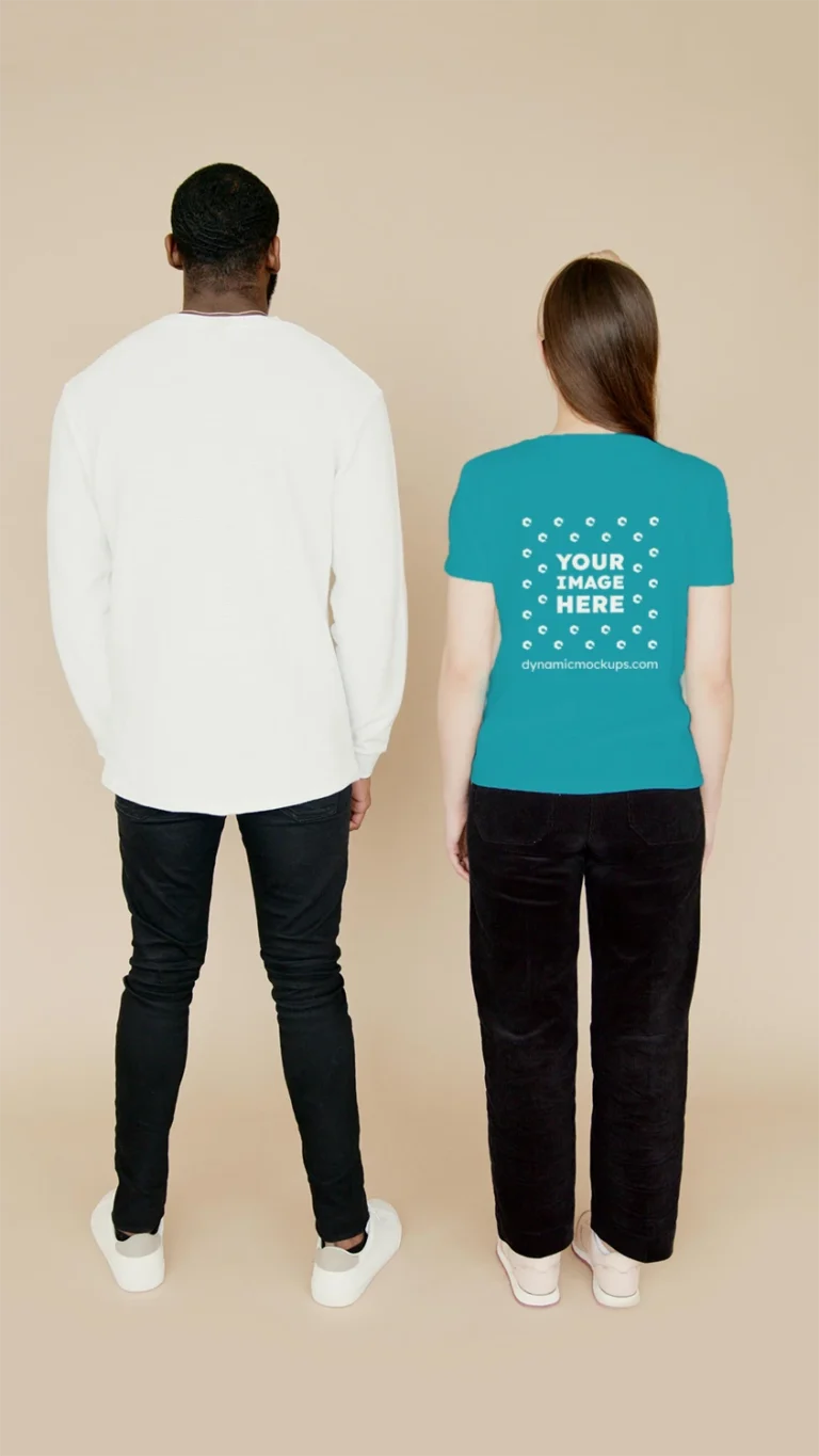 Man Wearing Teal T-shirt Mockup Back View Template