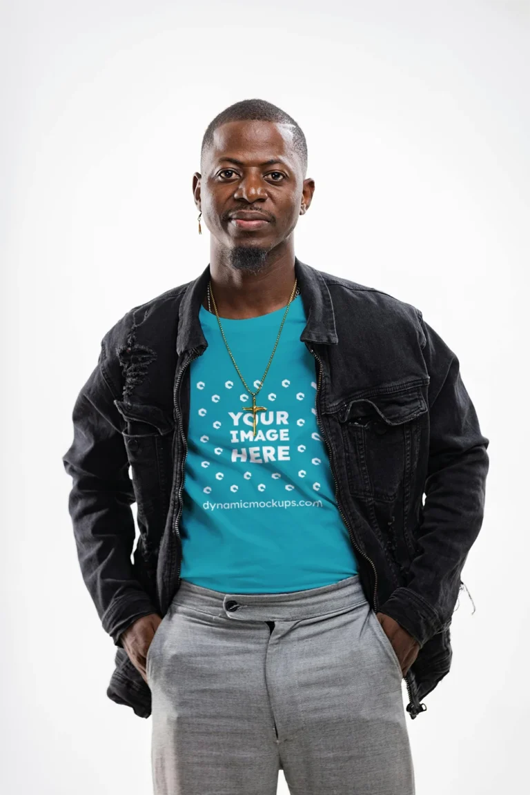 Man Wearing Teal T-shirt Mockup Front View Template