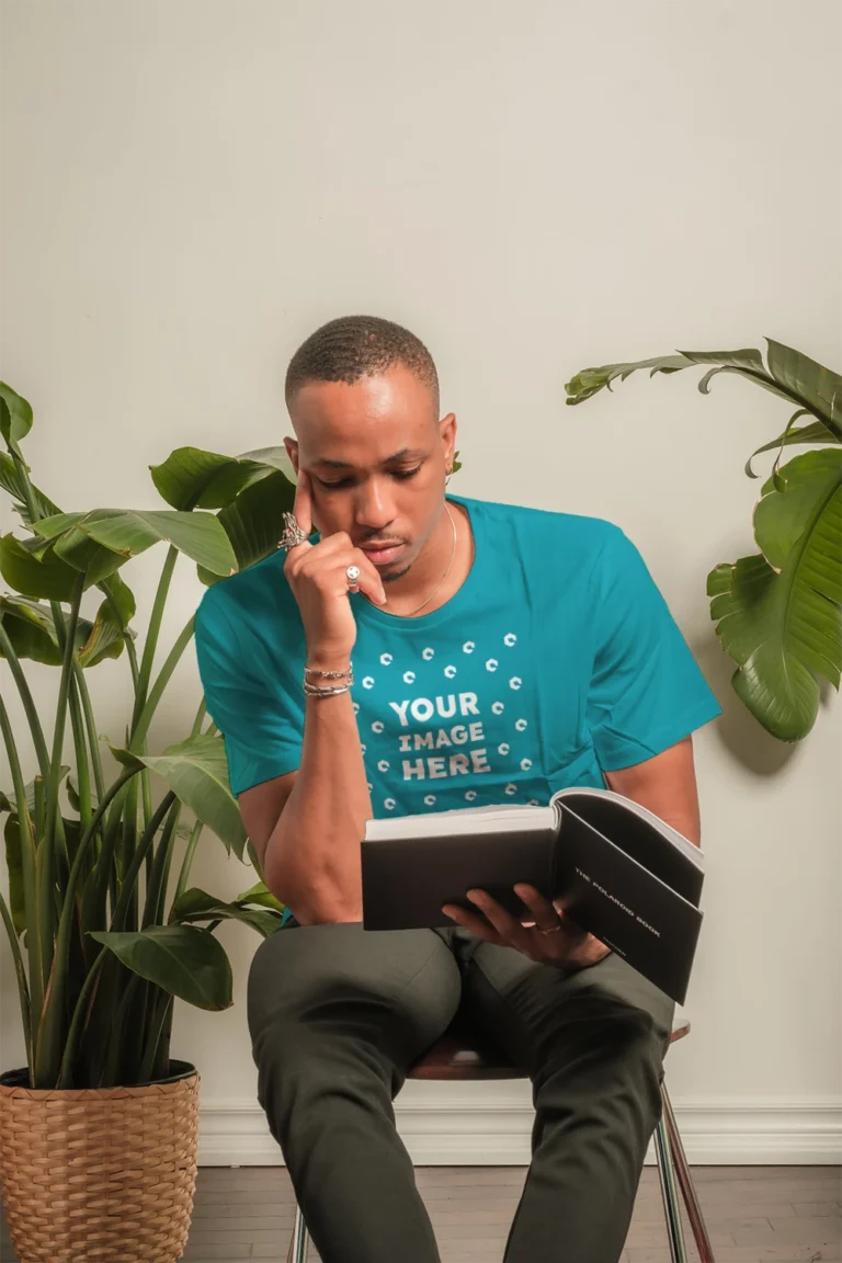 Man Wearing Teal T-shirt Mockup Front View Template