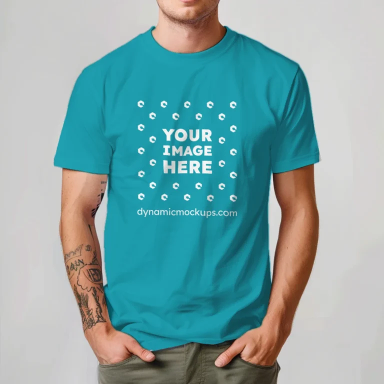 Man Wearing Teal T-shirt Mockup Front View Template