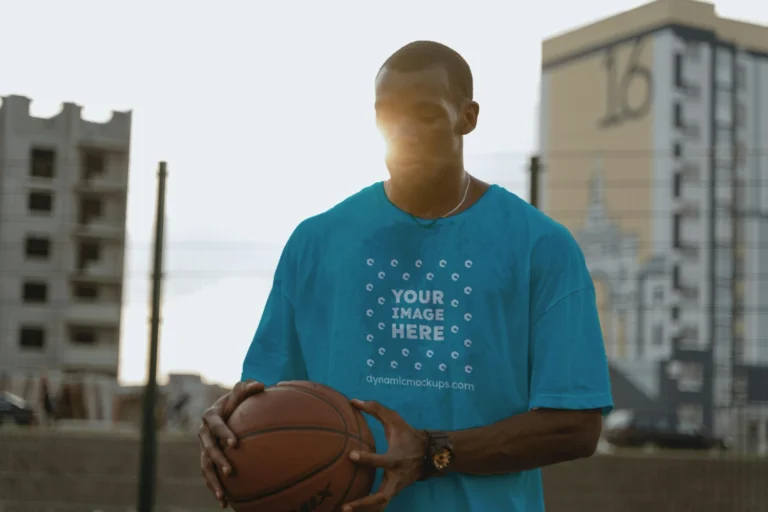 Man Wearing Teal T-shirt Mockup Front View Template