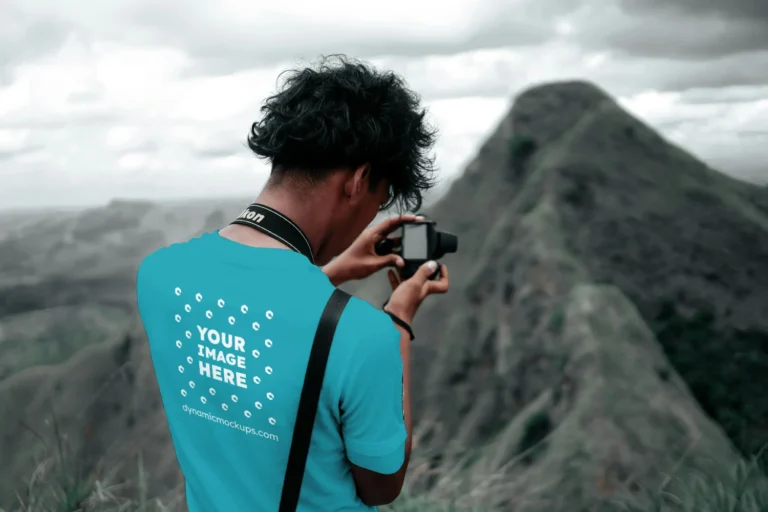 Man Wearing Teal T-shirt Mockup Back View Template