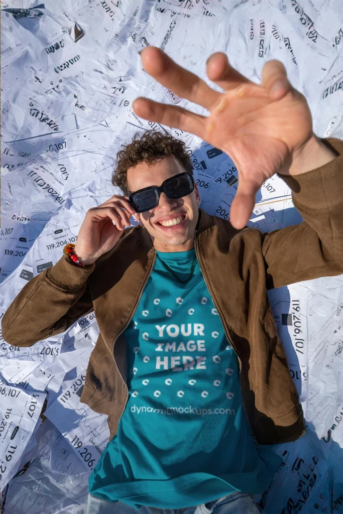 Man Wearing Teal T-shirt Mockup Front View Template
