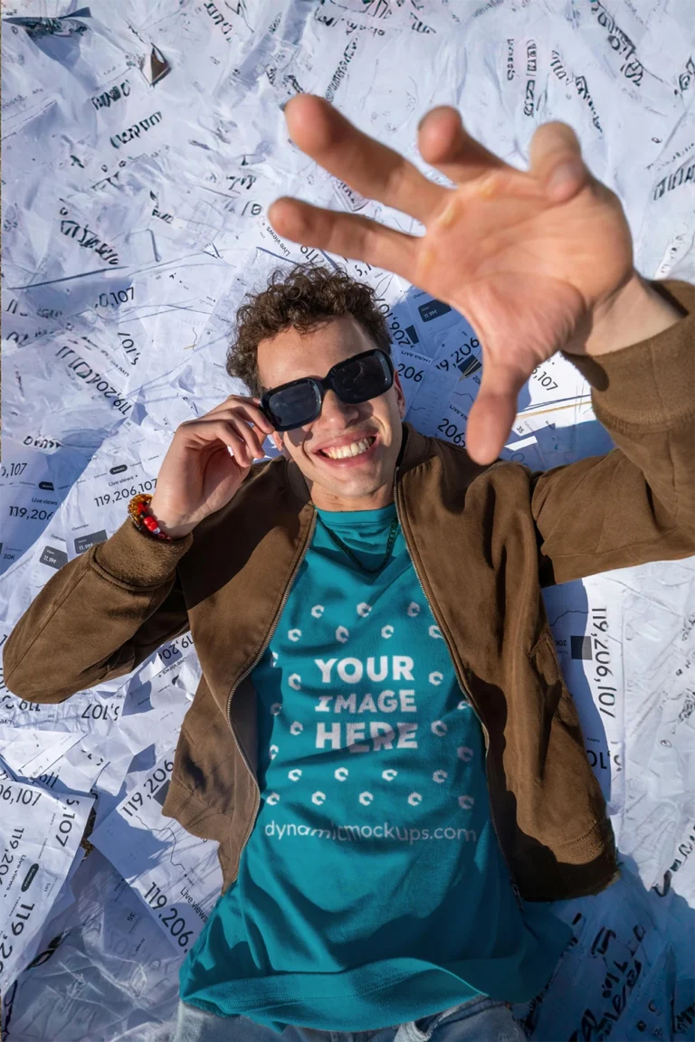 Man Wearing Teal T-shirt Mockup Front View Template