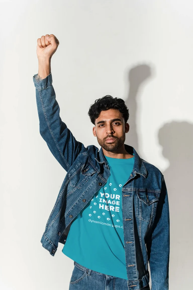 Man Wearing Teal T-shirt Mockup Front View Template
