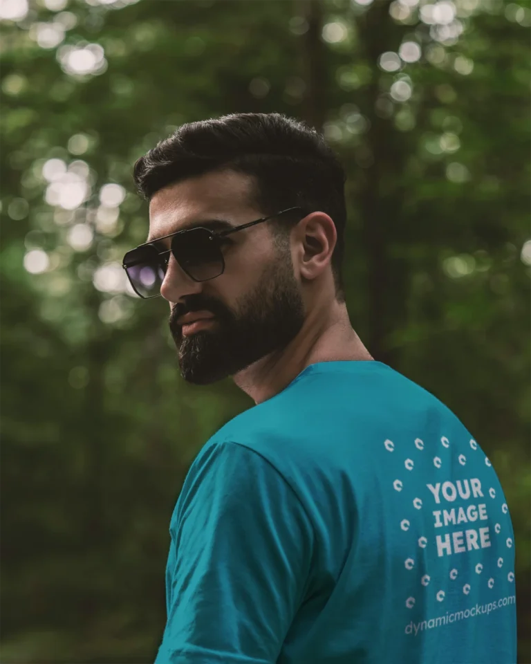 Man Wearing Teal T-shirt Mockup Back View Template