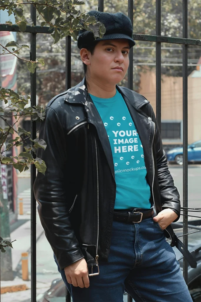 Man Wearing Teal T-shirt Mockup Front View Template