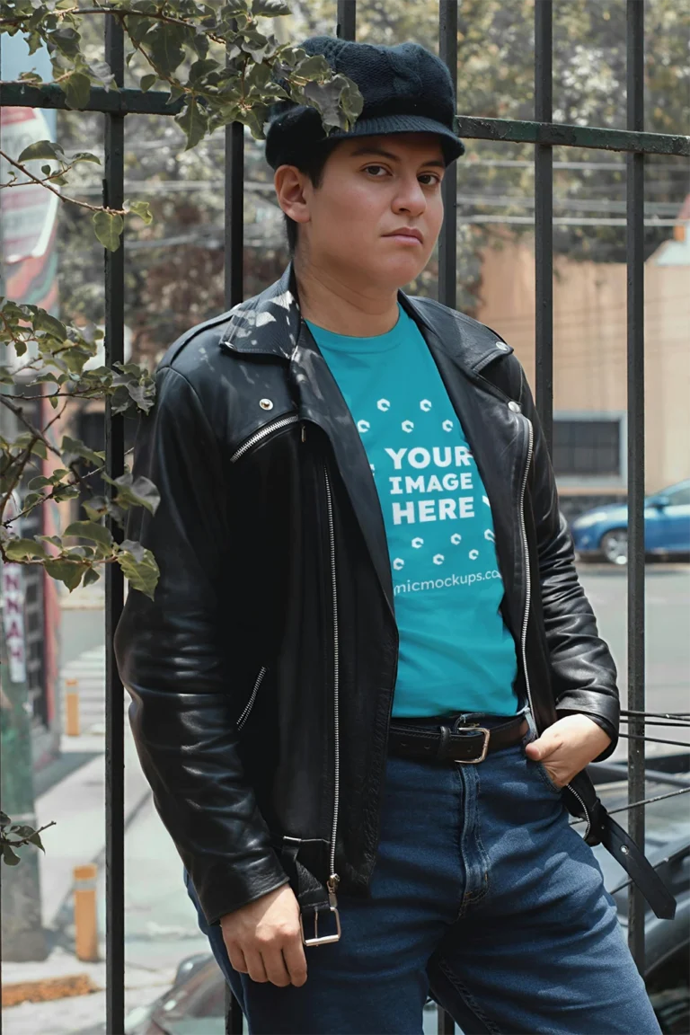 Man Wearing Teal T-shirt Mockup Front View Template