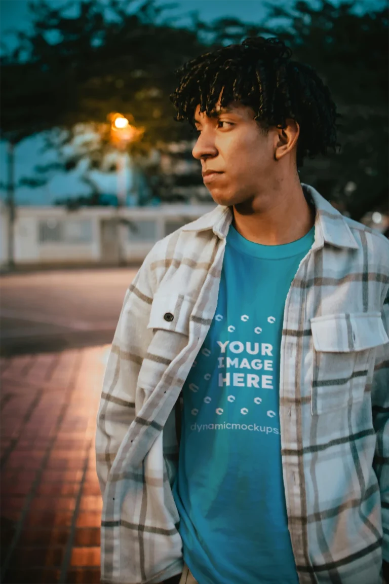 Man Wearing Teal T-shirt Mockup Front View Template