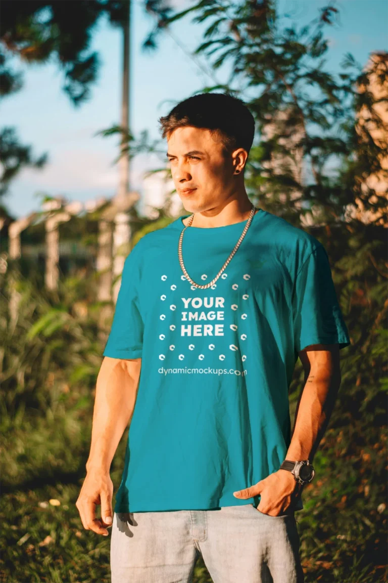 Man Wearing Teal T-shirt Mockup Front View Template