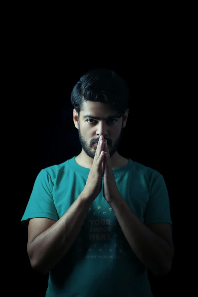 Man Wearing Teal T-shirt Mockup Front View Template