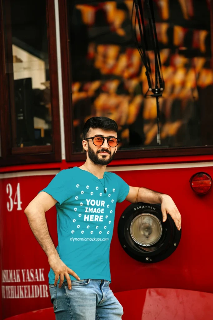 Man Wearing Teal T-shirt Mockup Front View Template