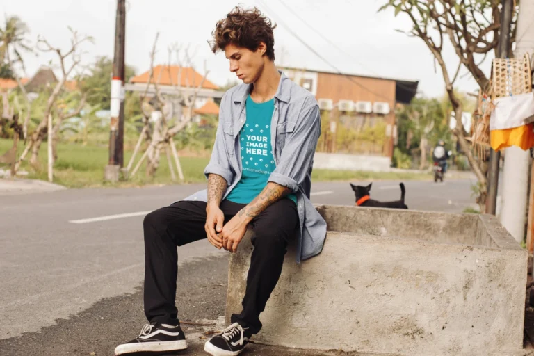 Man Wearing Teal T-shirt Mockup Front View Template