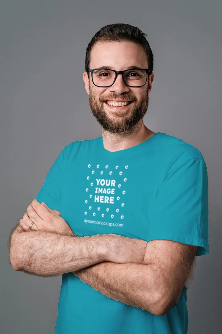 Man Wearing Teal T-shirt Mockup Front View Template