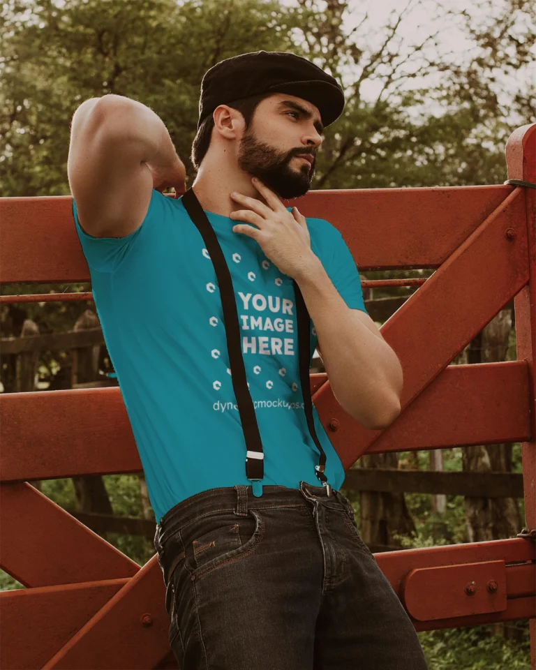 Man Wearing Teal T-shirt Mockup Front View Template